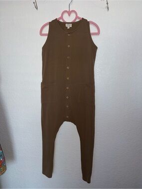Sleeveless Button-Front Jumpsuit in Olive Brown
